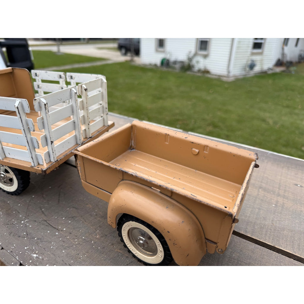 Vintage Tonka Farms Brown Stake Bed Truck & Trailer Pressed Steel Toy