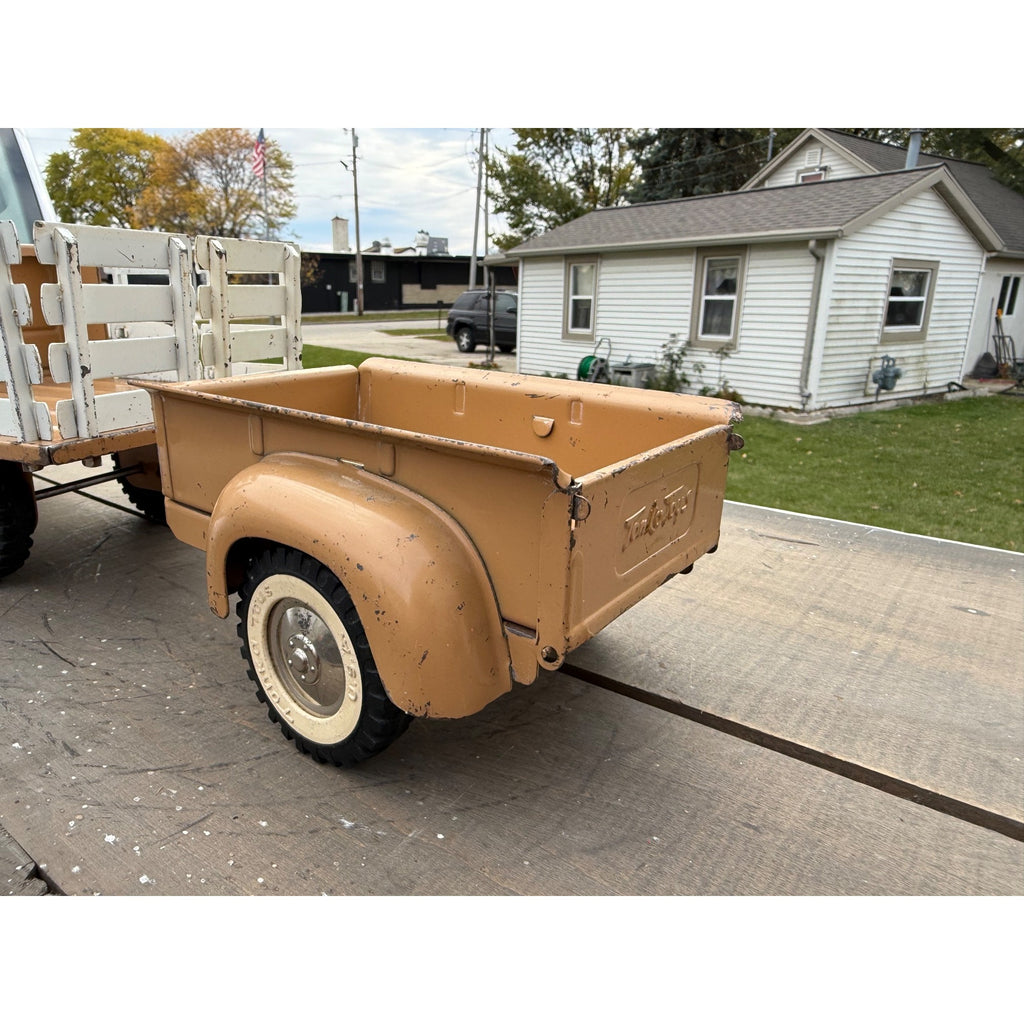 Vintage Tonka Farms Brown Stake Bed Truck & Trailer Pressed Steel Toy