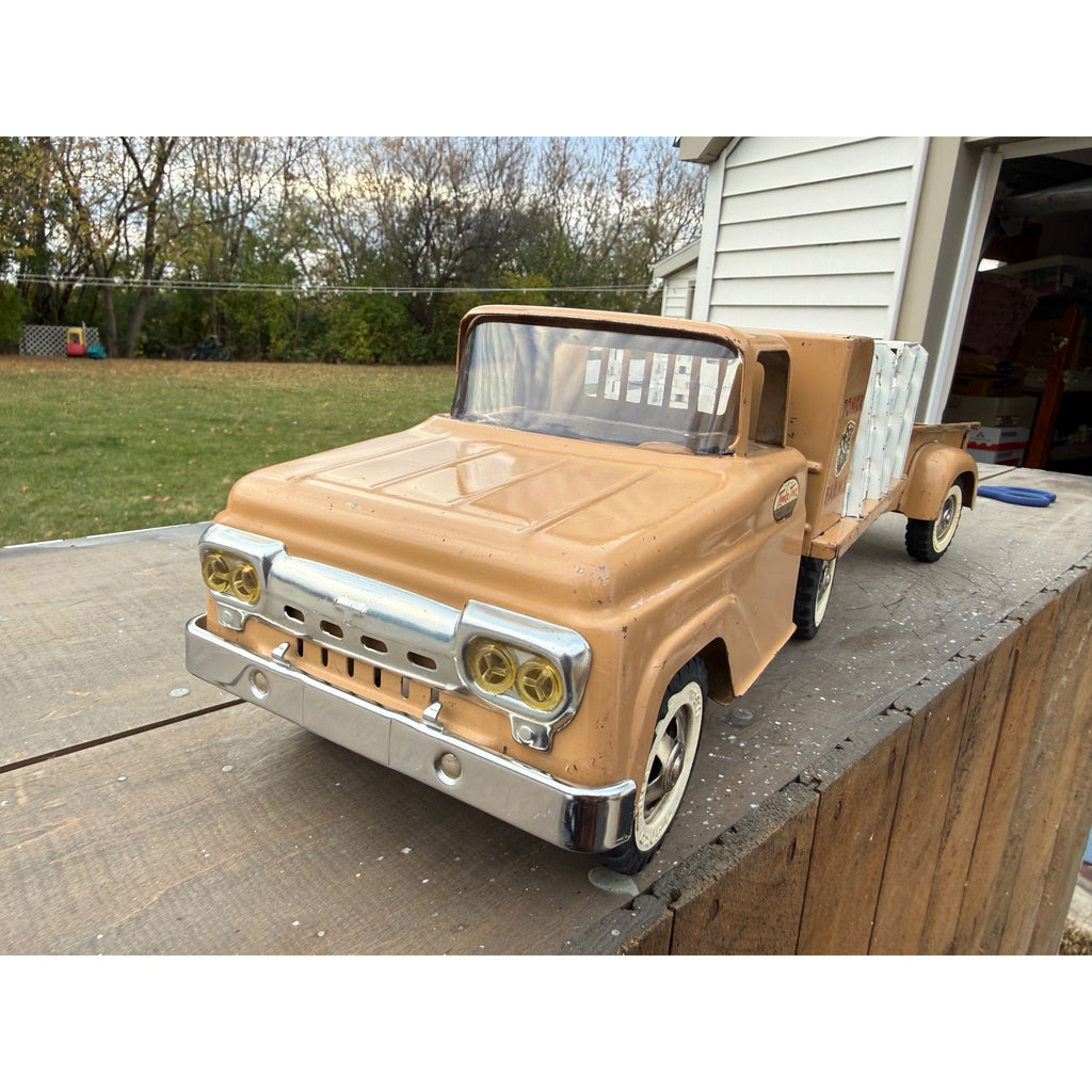 Vintage Tonka Farms Brown Stake Bed Truck & Trailer Pressed Steel Toy