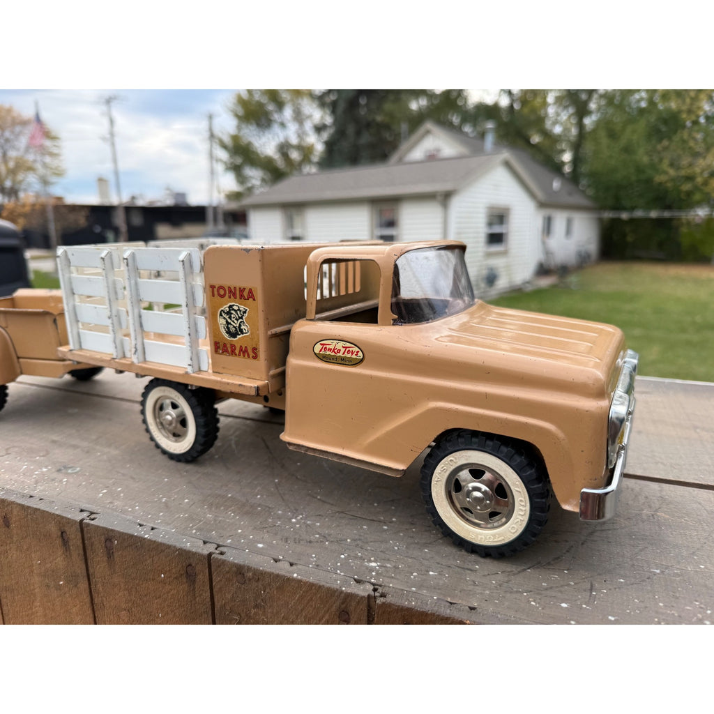 Vintage Tonka Farms Brown Stake Bed Truck & Trailer Pressed Steel Toy