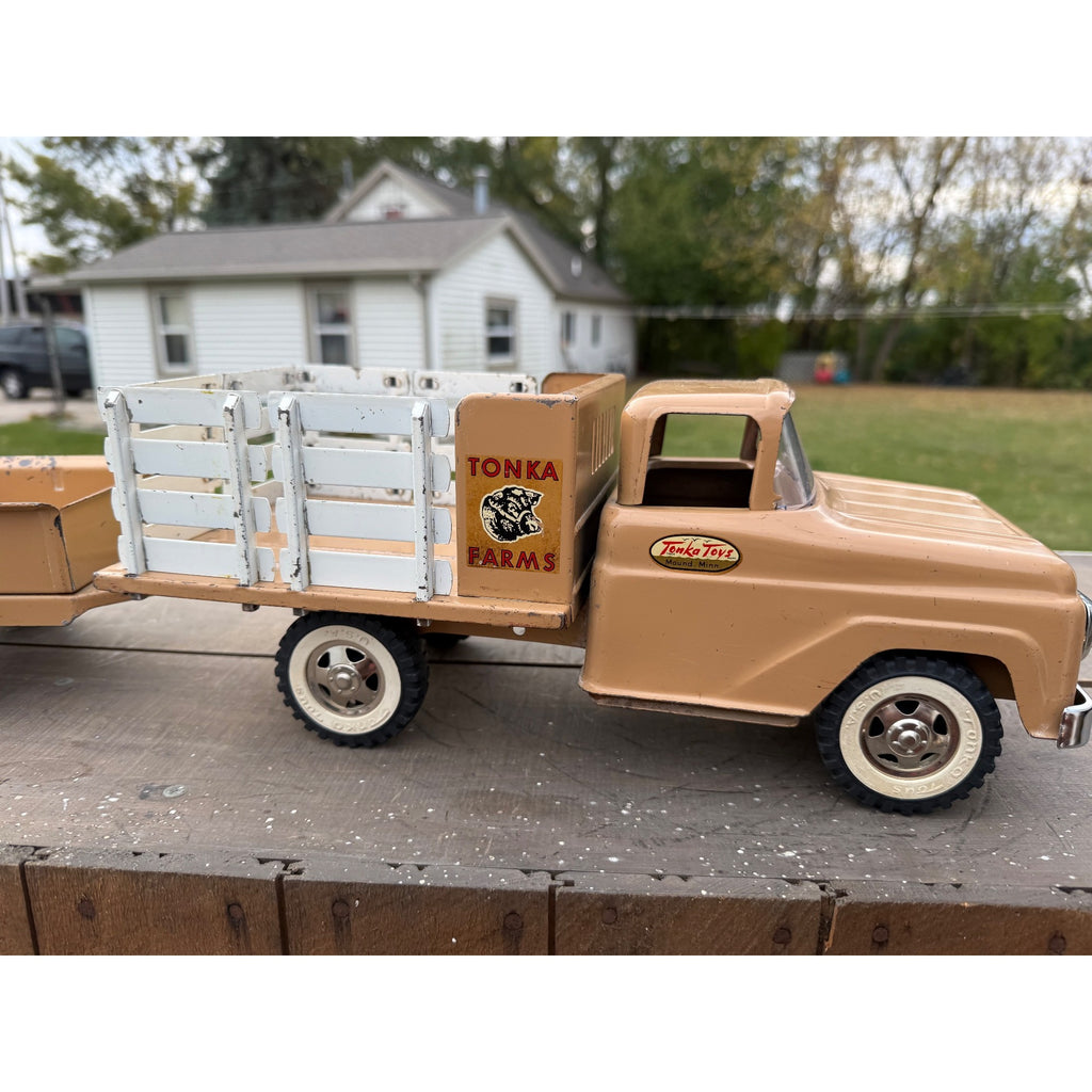 Vintage Tonka Farms Brown Stake Bed Truck & Trailer Pressed Steel Toy