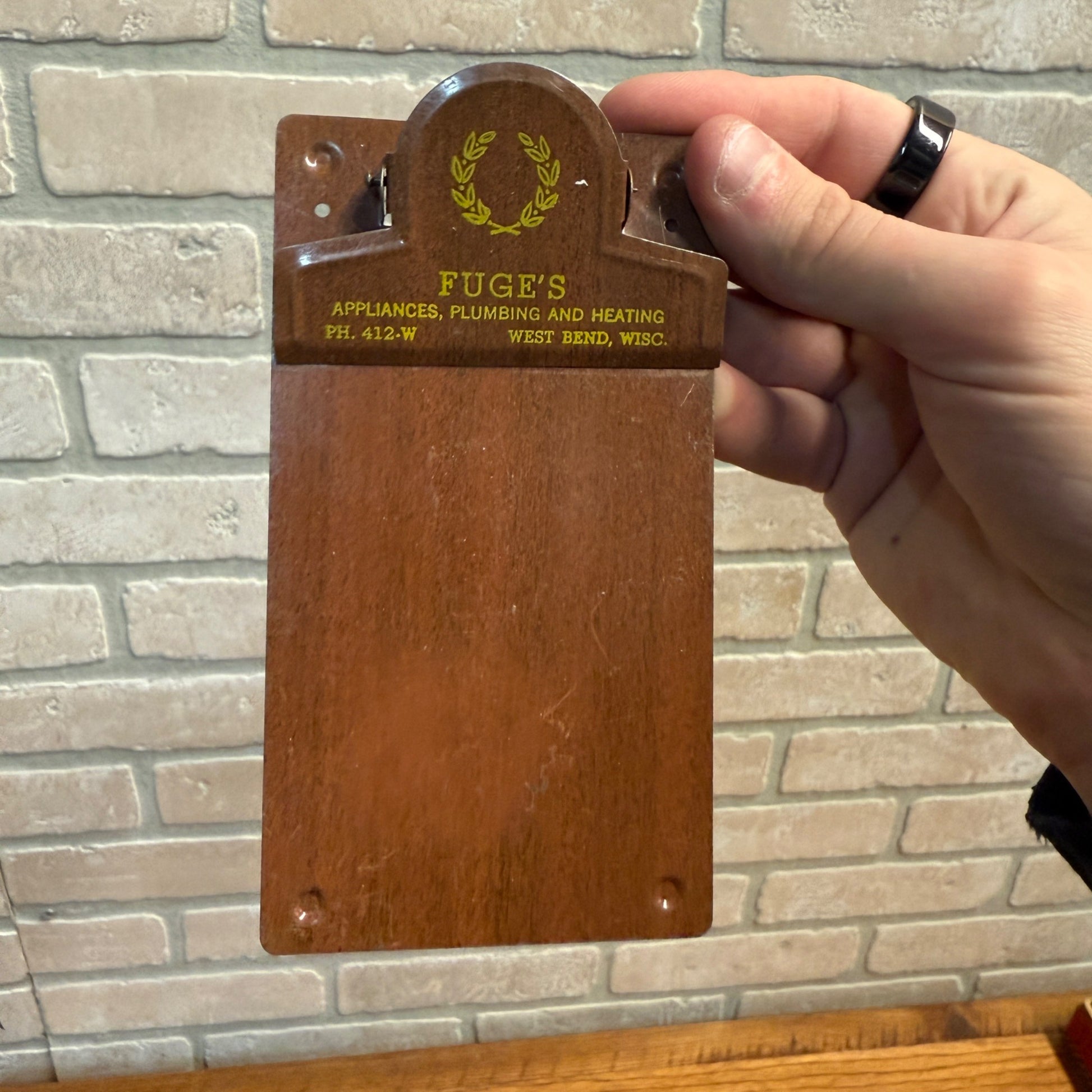 Vintage Fuge's Plumbing & Heating Advertising Clipboard West Bend Wisconsin Sign