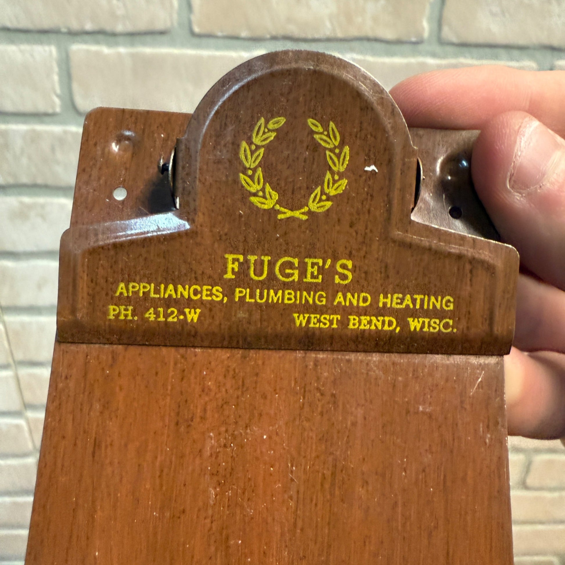 Vintage Fuge's Plumbing & Heating Advertising Clipboard West Bend Wisconsin Sign