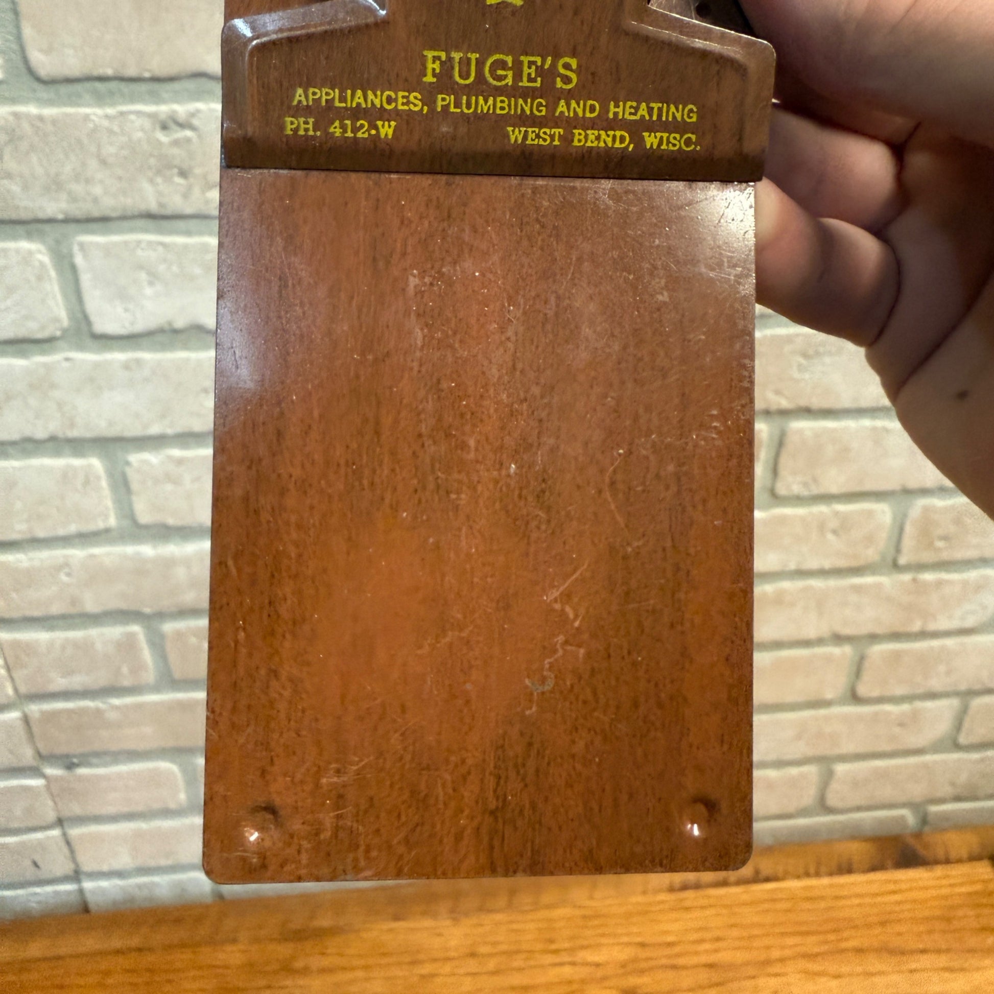 Vintage Fuge's Plumbing & Heating Advertising Clipboard West Bend Wisconsin Sign
