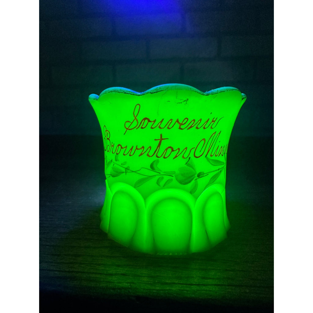 Vintage Uranium Souvenir Custard Glass Toothpick Holder Brownton MN