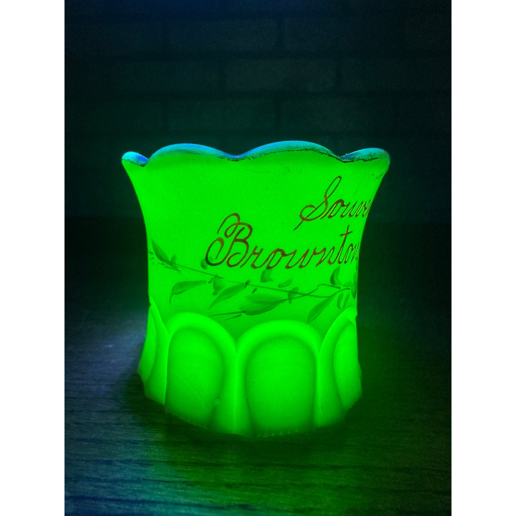 Vintage Uranium Souvenir Custard Glass Toothpick Holder Brownton MN