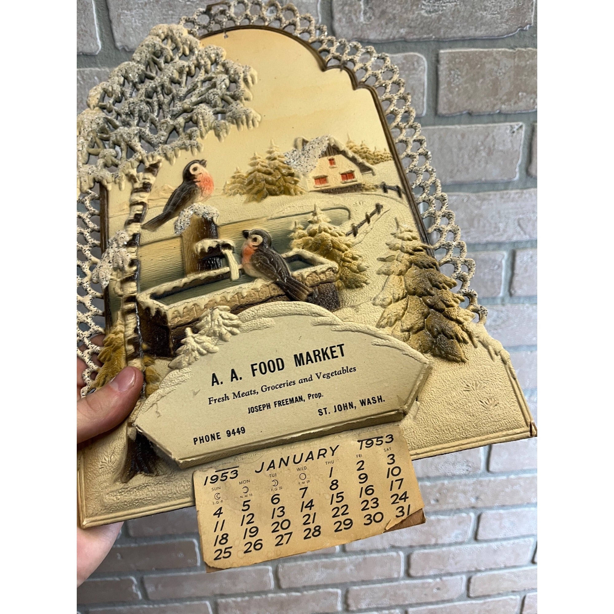 German Victorian Advertising Diecut Calendar Sign St John Washington Robins Bird