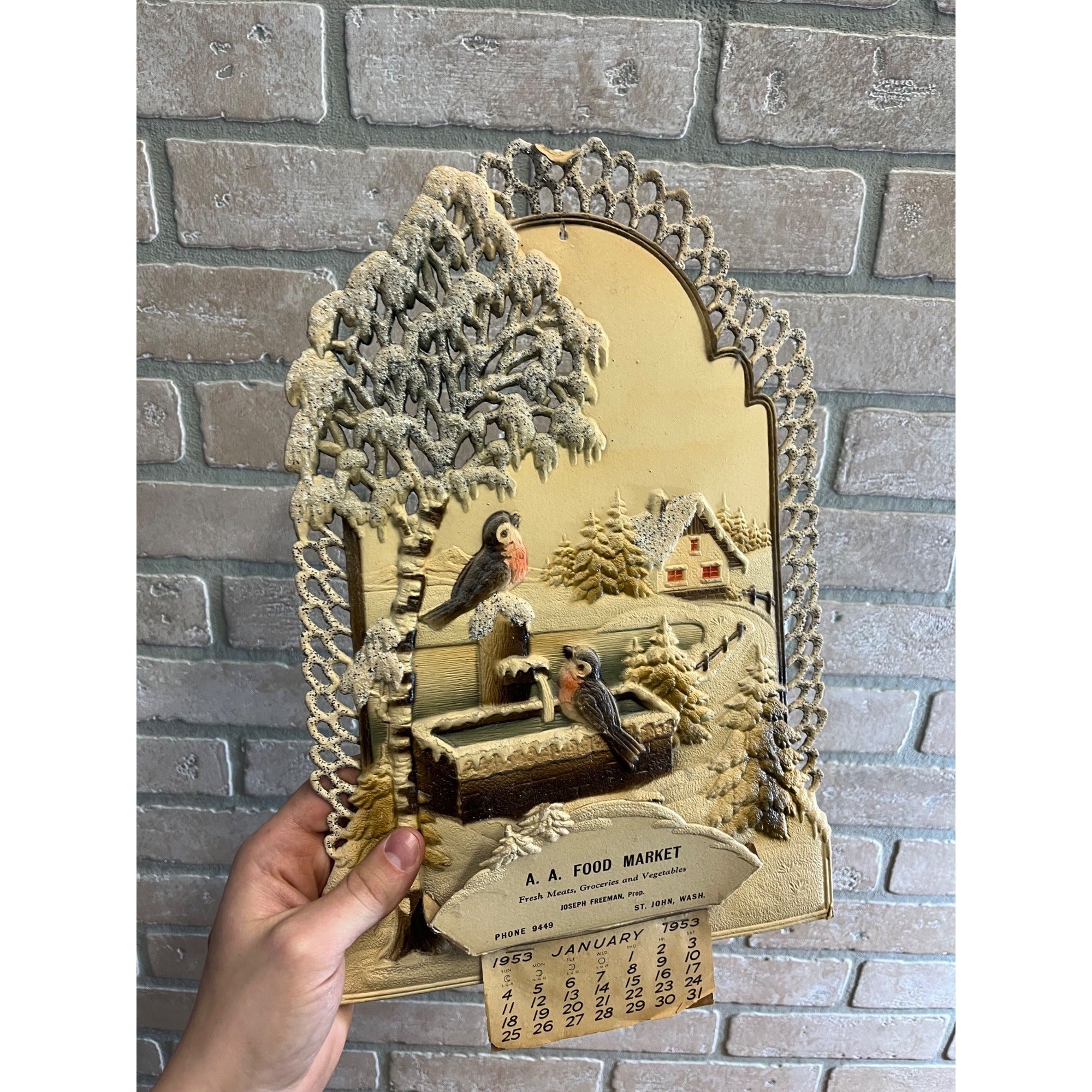 German Victorian Advertising Diecut Calendar Sign St John Washington Robins Bird