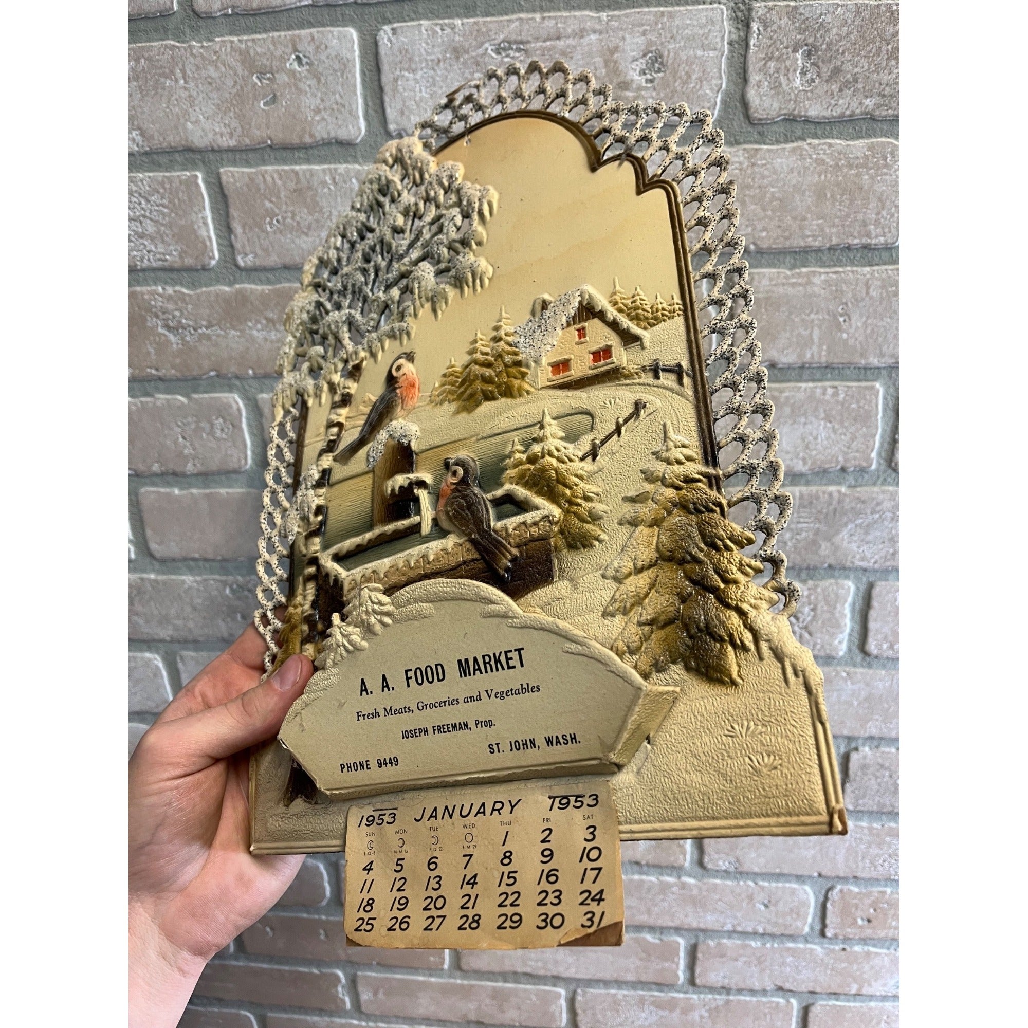 German Victorian Advertising Diecut Calendar Sign St John Washington Robins Bird