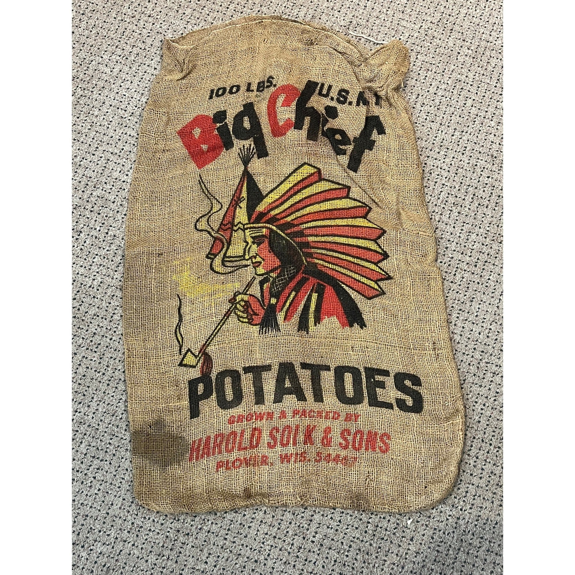 Vintage Big Chief Potatoes Harold Solk & Sons Plover Wisconsin burlap sack