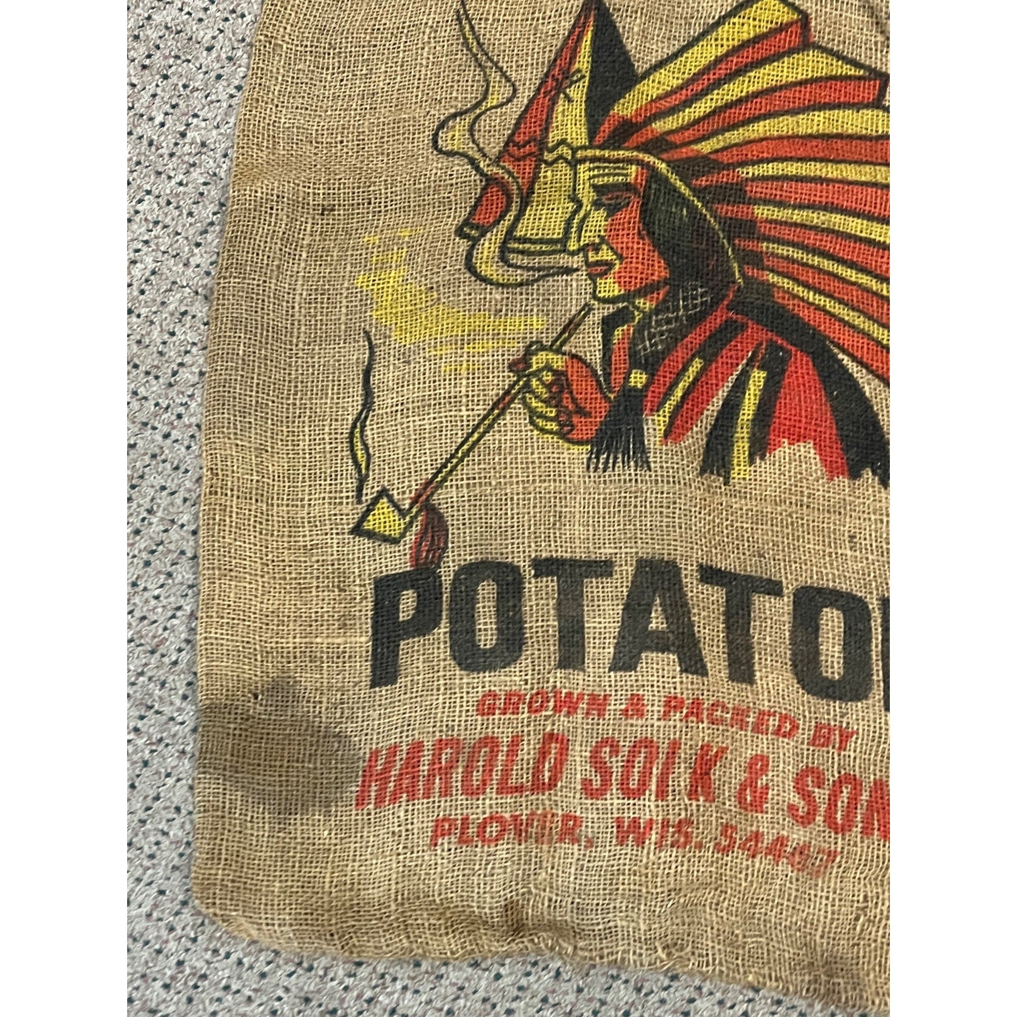 Vintage Big Chief Potatoes Harold Solk & Sons Plover Wisconsin burlap sack