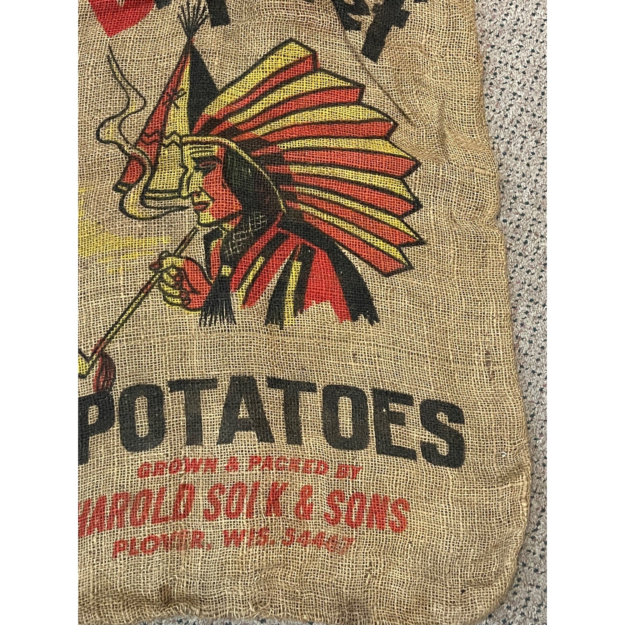 Vintage Big Chief Potatoes Harold Solk & Sons Plover Wisconsin burlap sack