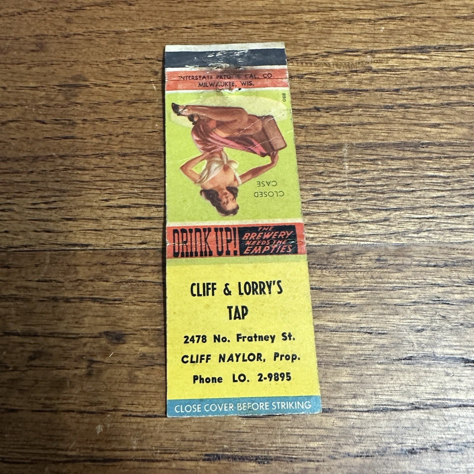 Vintage 1940s Pinup Girl Girlie Matchbook Cover Cliff Lorey Tap Milwaukee Wis