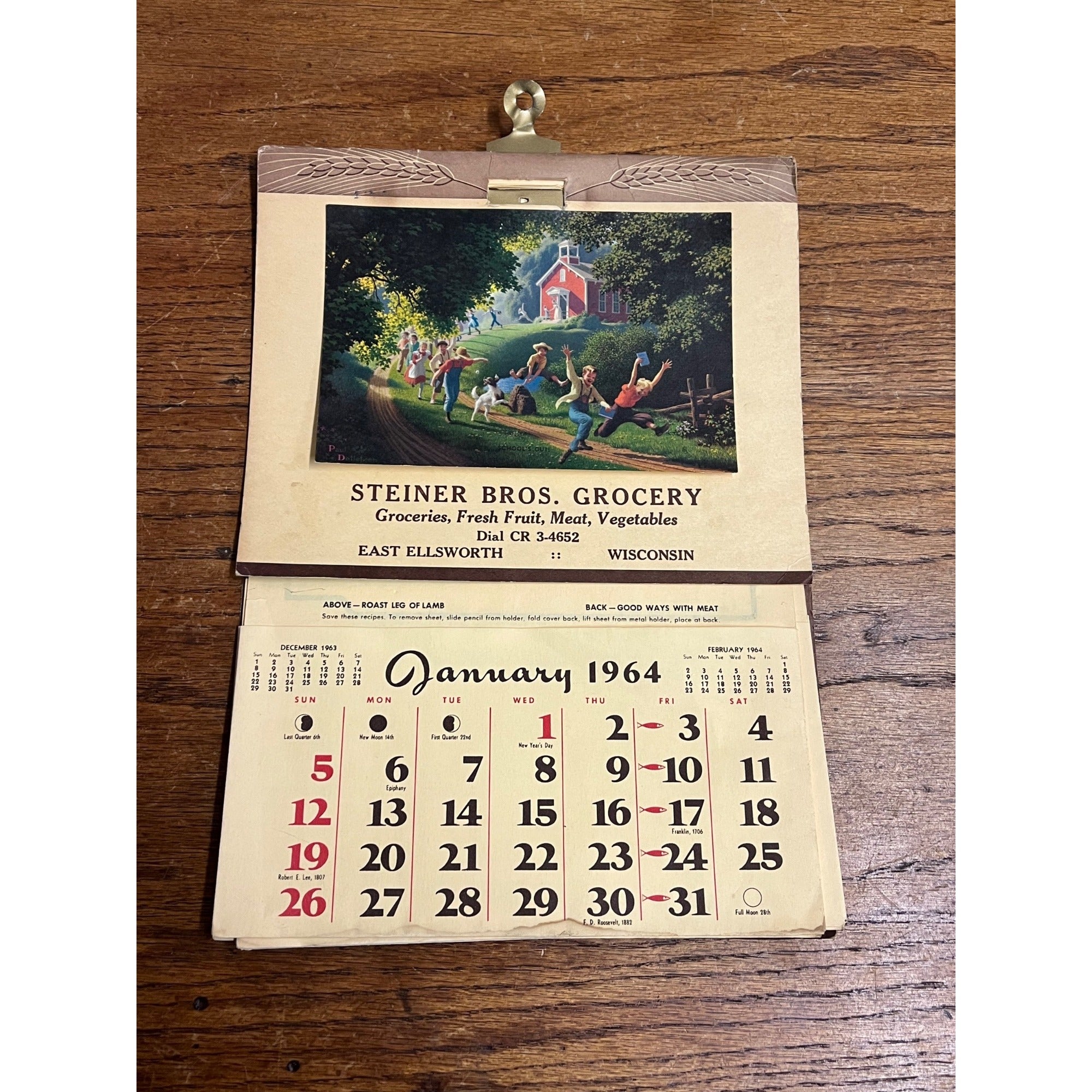 Vintage Steiner Bros Grocery East Ellsworth Wisconsin Advertising Calendar Sign