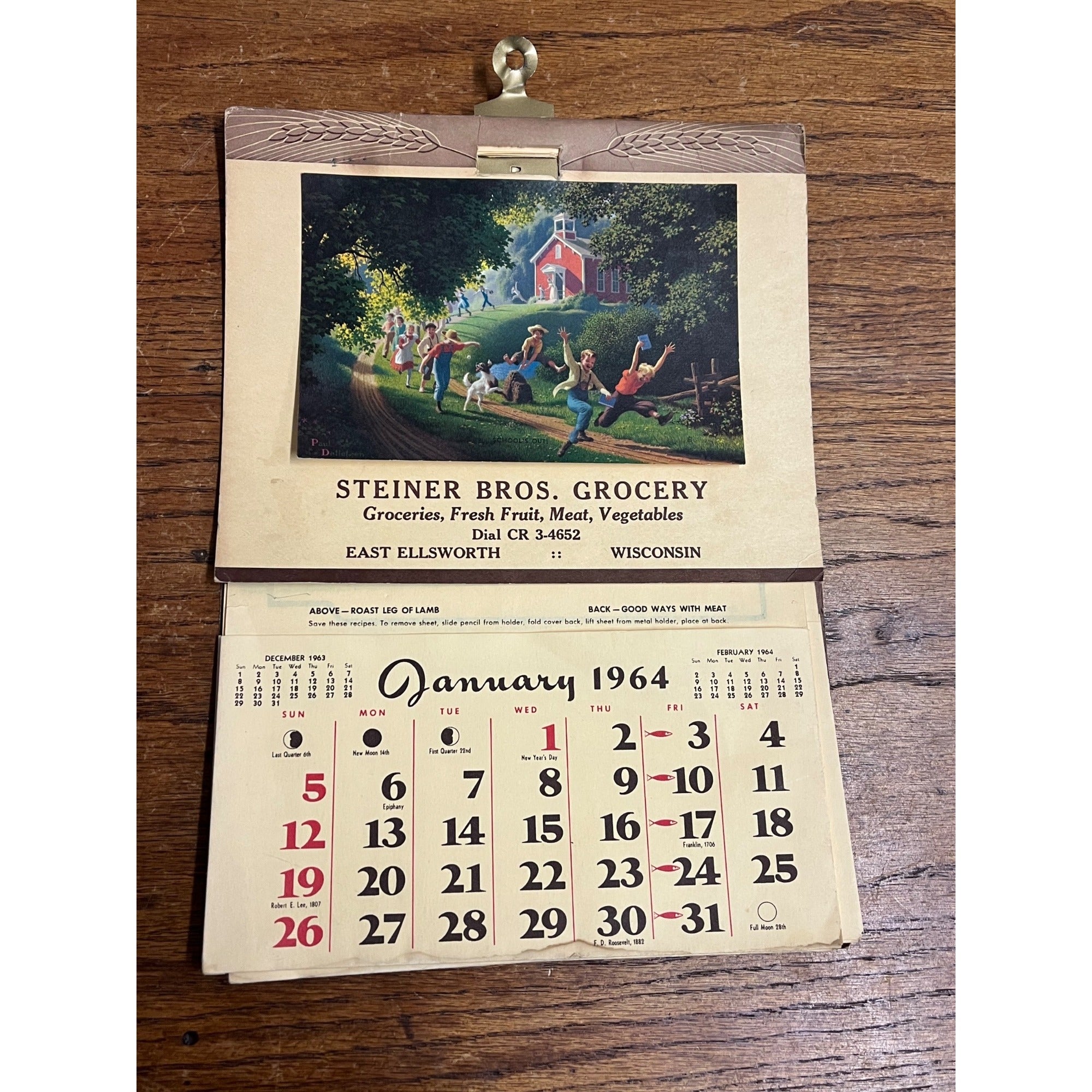 Vintage Steiner Bros Grocery East Ellsworth Wisconsin Advertising Calendar Sign