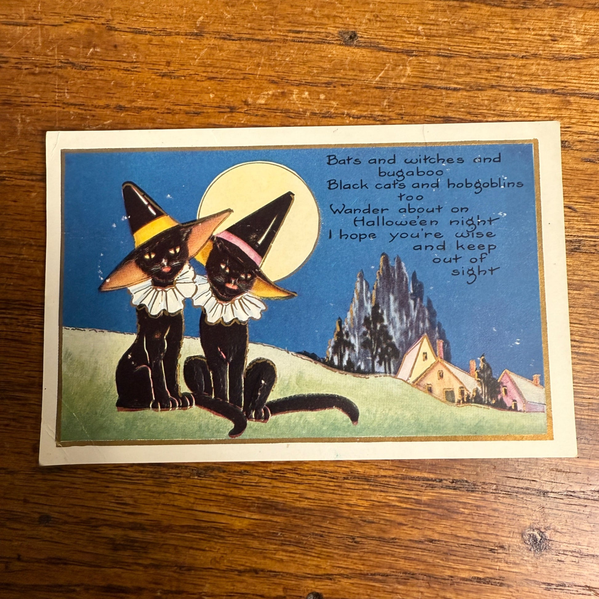 Vintage Halloween Postcard Whitney Two Black Cats Bats Witches Bugaboo