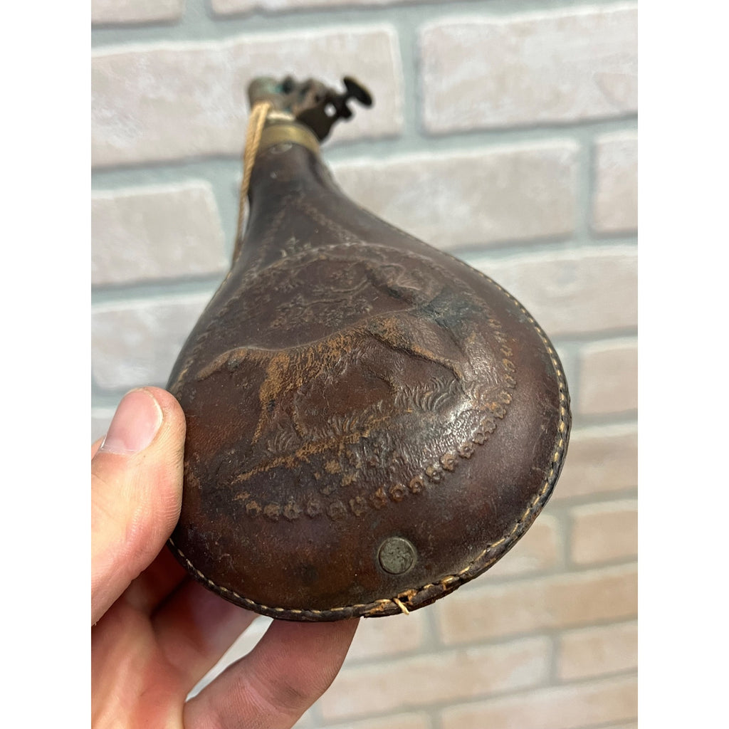 Old American Flask & Cap Co. Leather & Brass 4Lbs Gun Powder Flask Dog Scene