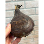 Old American Flask & Cap Co. Leather & Brass 4Lbs Gun Powder Flask Dog Scene