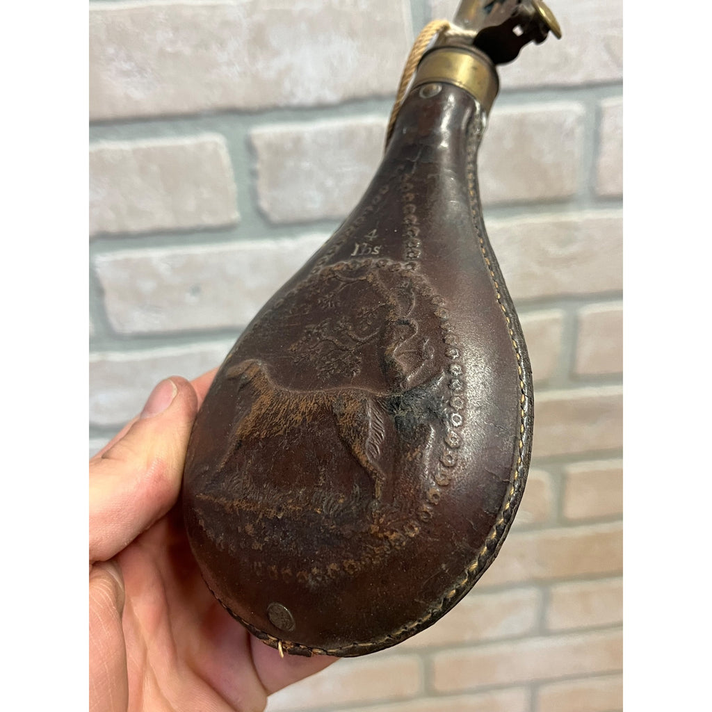 Old American Flask & Cap Co. Leather & Brass 4Lbs Gun Powder Flask Dog Scene