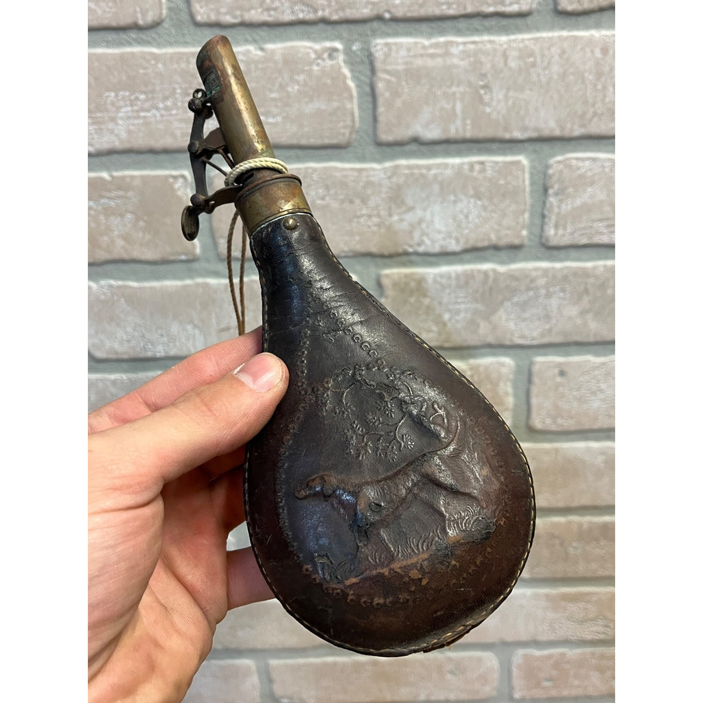 Old American Flask & Cap Co. Leather & Brass 4Lbs Gun Powder Flask Dog Scene