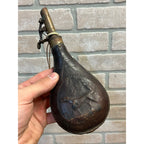 Old American Flask & Cap Co. Leather & Brass 4Lbs Gun Powder Flask Dog Scene