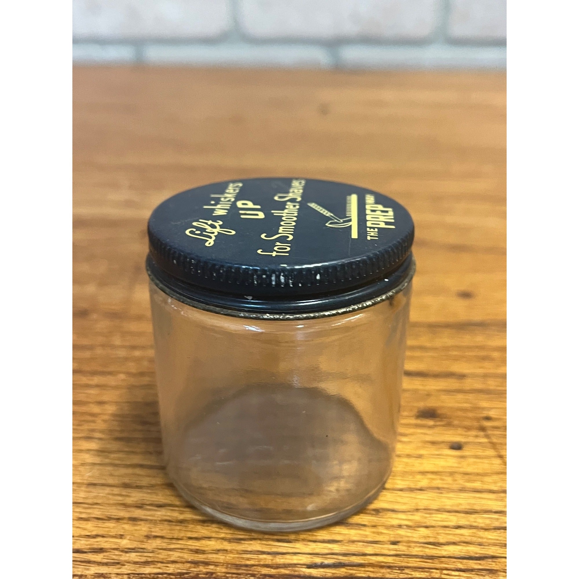 Vintage Prep Shaving Cream Glass Jar Barber Shop Advertising Lid Empty