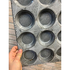 Antique Primitive Graniteware Enamelware Light Gray Muffin Pan / 12 Large Cup Tins / Farmhouse/ Kitchen Decor, Grey