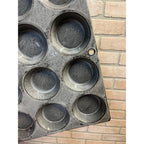 Antique Primitive Graniteware Enamelware Light Gray Muffin Pan / 12 Large Cup Tins / Farmhouse/ Kitchen Decor, Grey