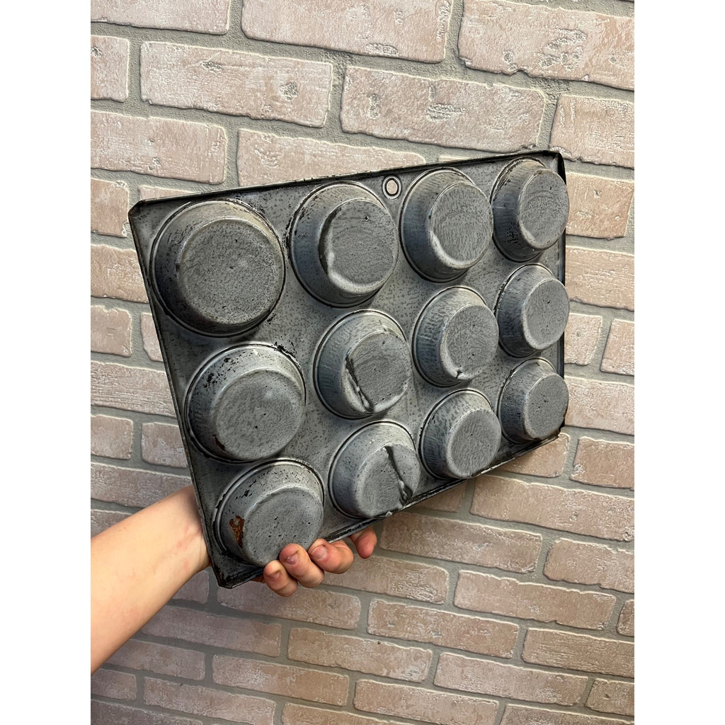 Antique Primitive Graniteware Enamelware Light Gray Muffin Pan / 12 Large Cup Tins / Farmhouse/ Kitchen Decor, Grey