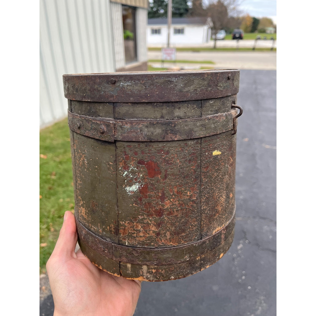 Antique Primitive 1800s Farmhouse Shaker Pail Bucket + Lid Green Original Paint