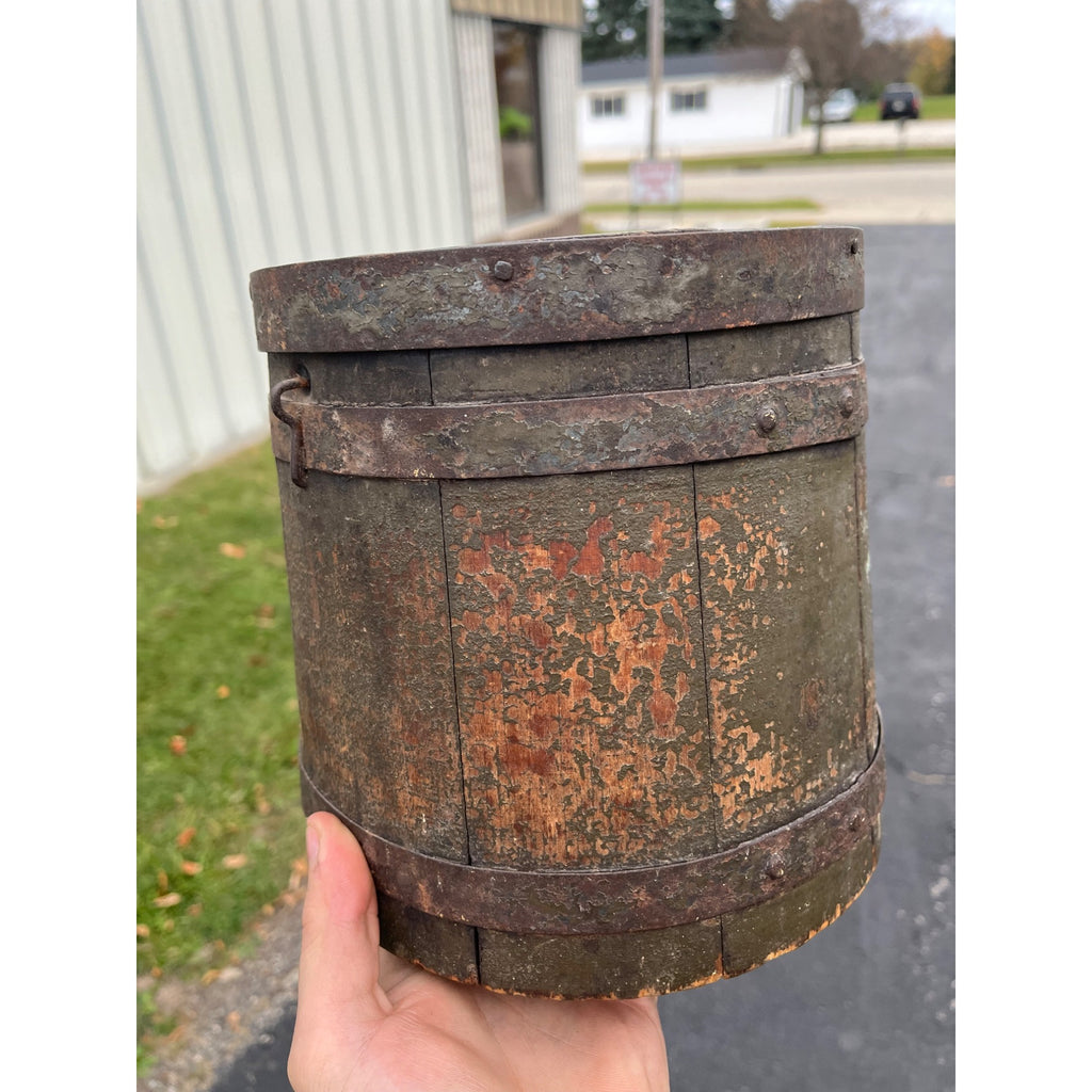 Antique Primitive 1800s Farmhouse Shaker Pail Bucket + Lid Green Original Paint