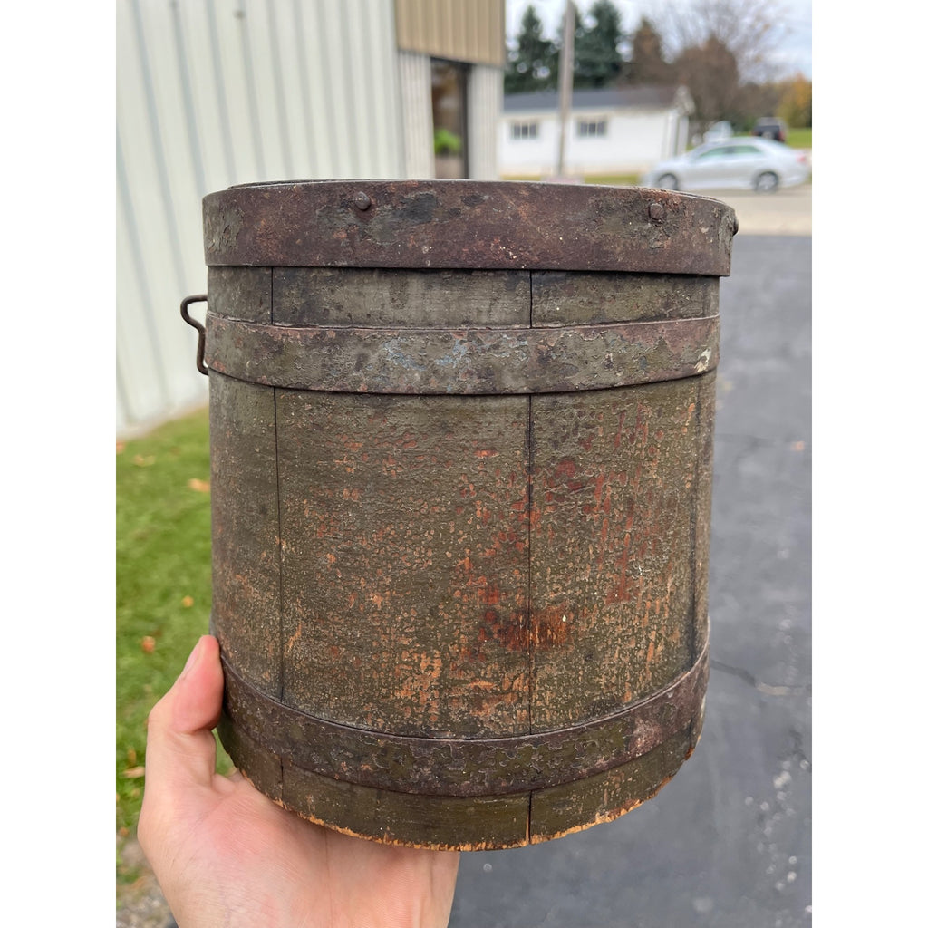 Antique Primitive 1800s Farmhouse Shaker Pail Bucket + Lid Green Original Paint