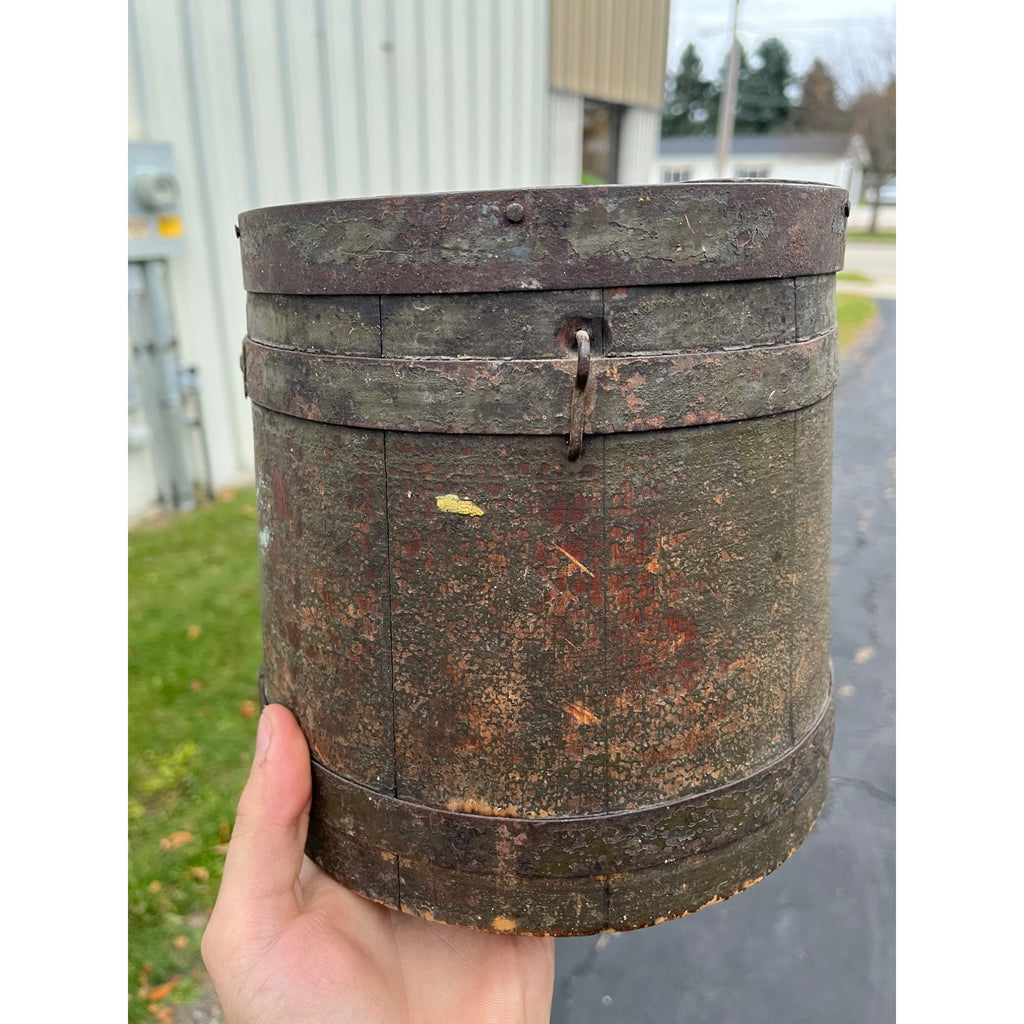 Antique Primitive 1800s Farmhouse Shaker Pail Bucket + Lid Green Original Paint