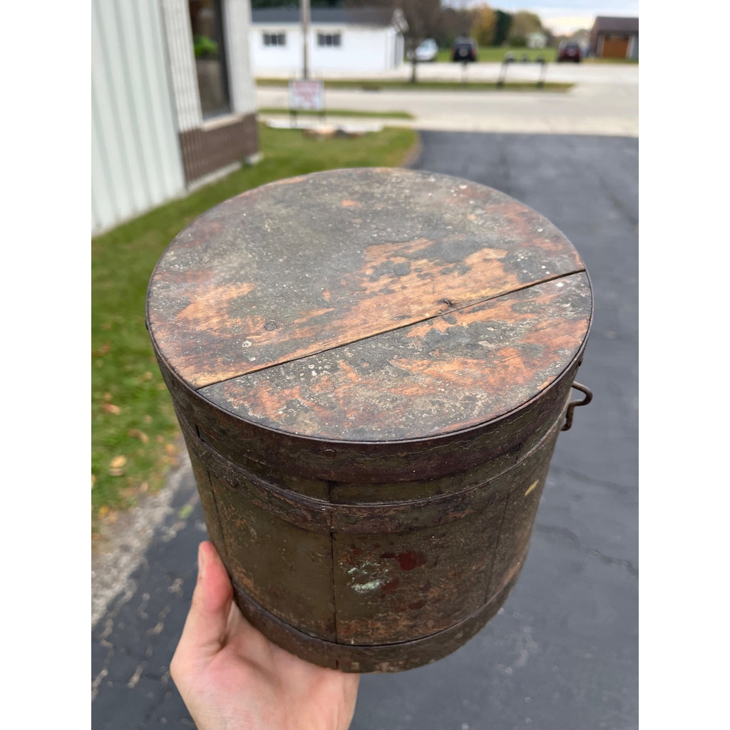 Antique Primitive 1800s Farmhouse Shaker Pail Bucket + Lid Green Original Paint