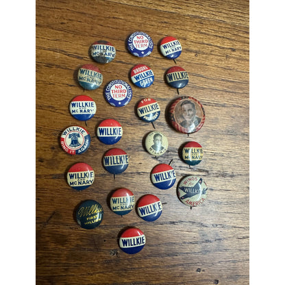 Vintage 1940 Wendell Willkie Huge Lot (22) Presidential Campaign Pins Buttons Originals