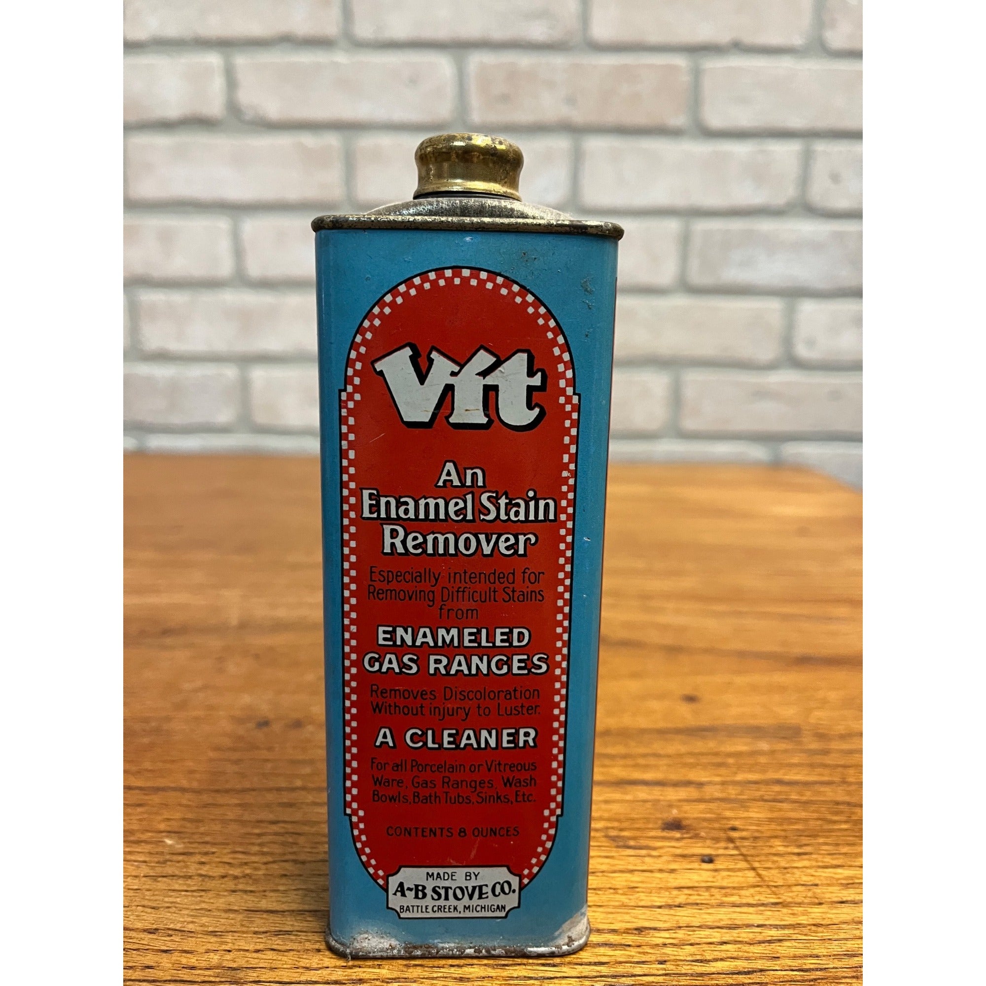 Vintage 1920s VIT Enamel Stove Cleaner Can Tin A-B Stove Co Battle Creek MI