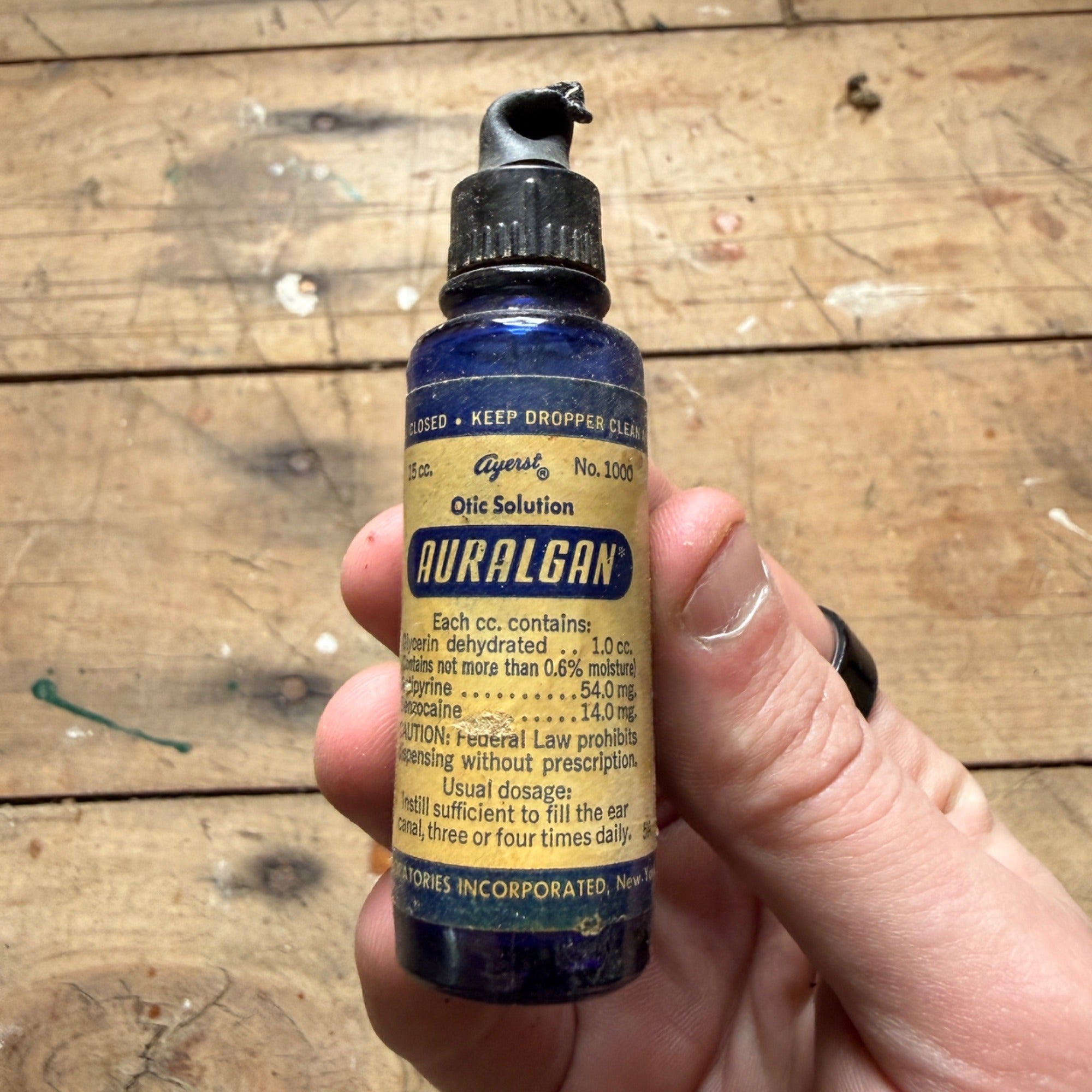 Vintage Auralgan Otic Solution Cobalt Blue Pharmacy Drug Store Bottle