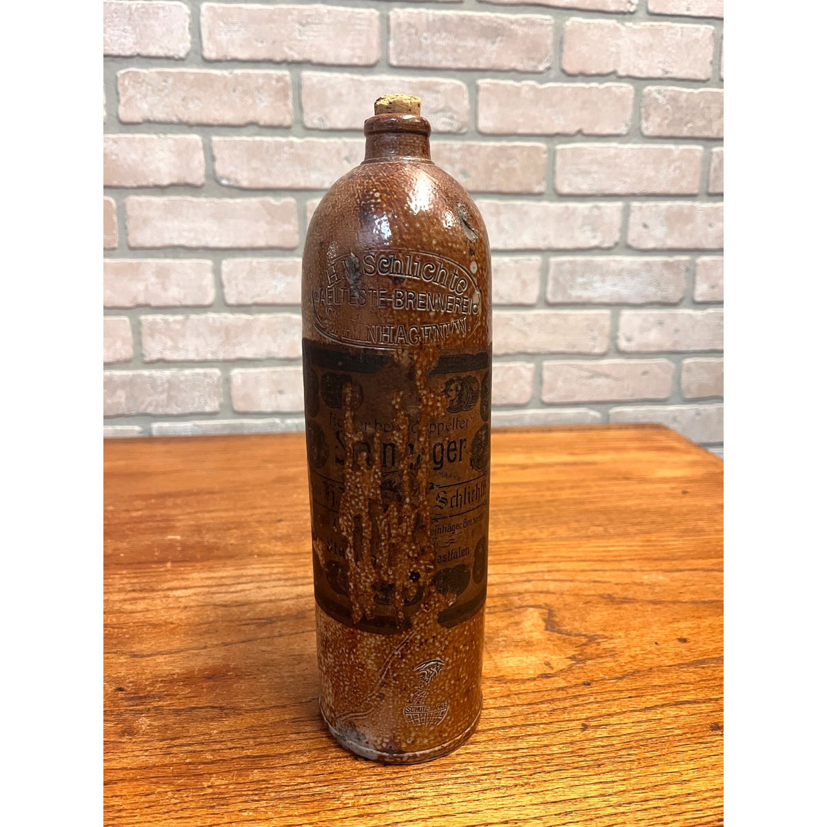 Antique 1900s H.W. Schlichte Steinhager German Stoneware Gin Bottle Paper Label