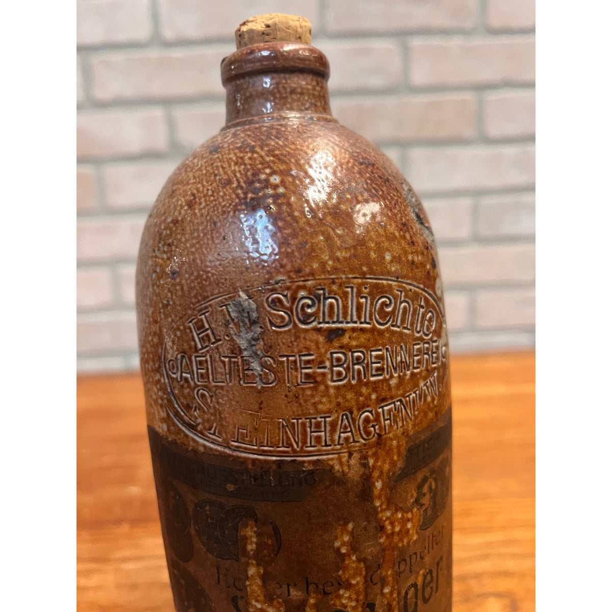 Antique 1900s H.W. Schlichte Steinhager German Stoneware Gin Bottle Paper Label