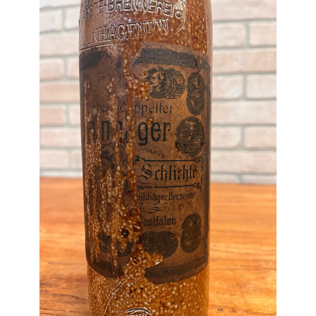 Antique 1900s H.W. Schlichte Steinhager German Stoneware Gin Bottle Paper Label