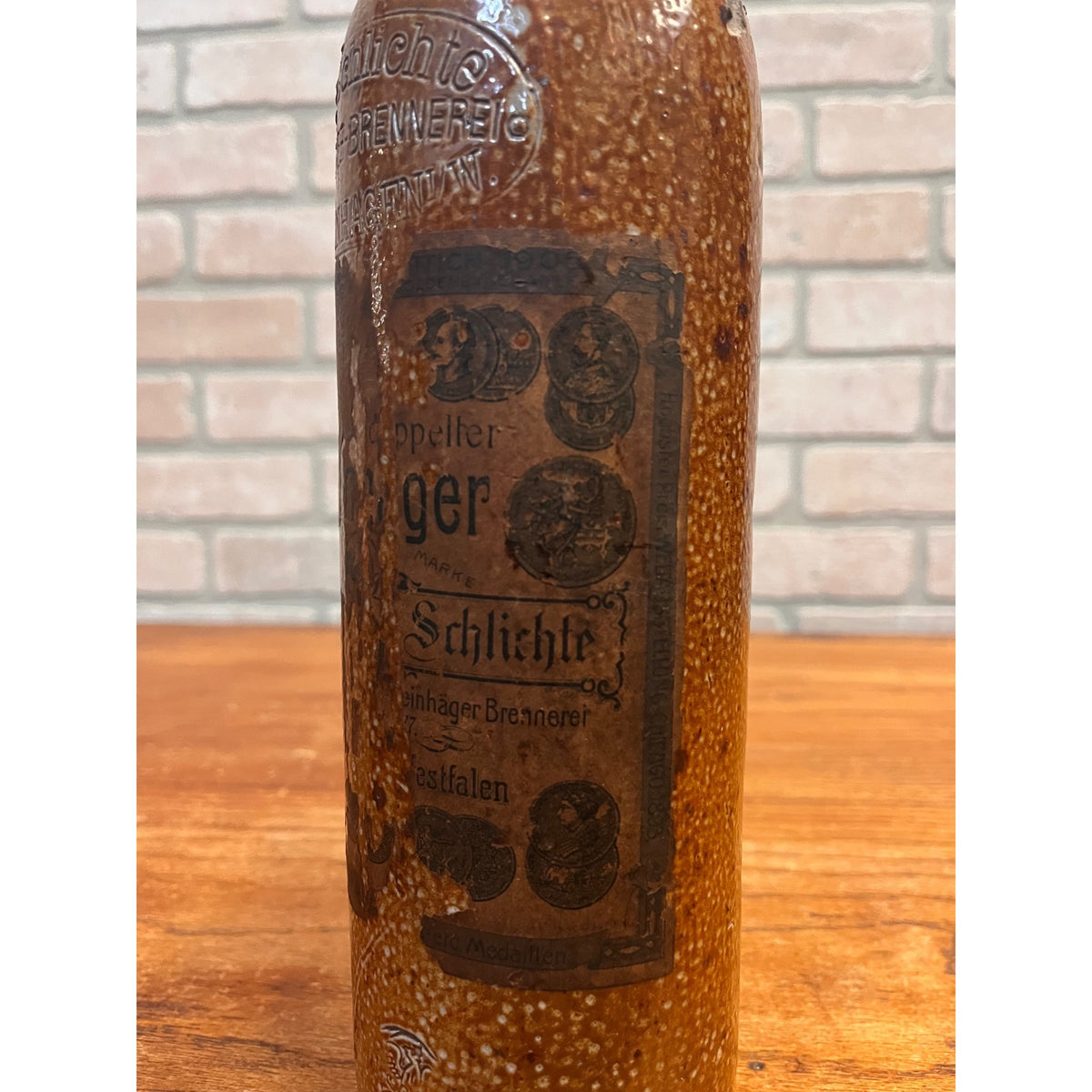 Antique 1900s H.W. Schlichte Steinhager German Stoneware Gin Bottle Paper Label