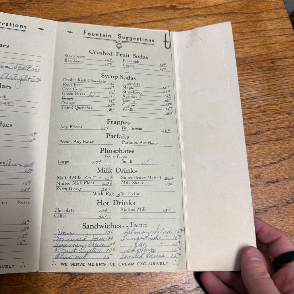 Vintage 1940s Meier's Ice Cream Waukesha Wis Soda Fountain Menu Advertising