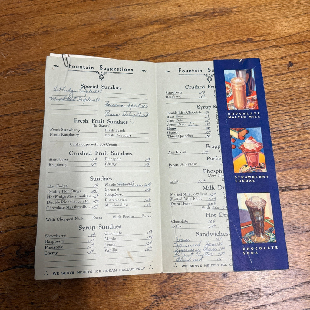 Vintage 1940s Meier's Ice Cream Waukesha Wis Soda Fountain Menu Advertising