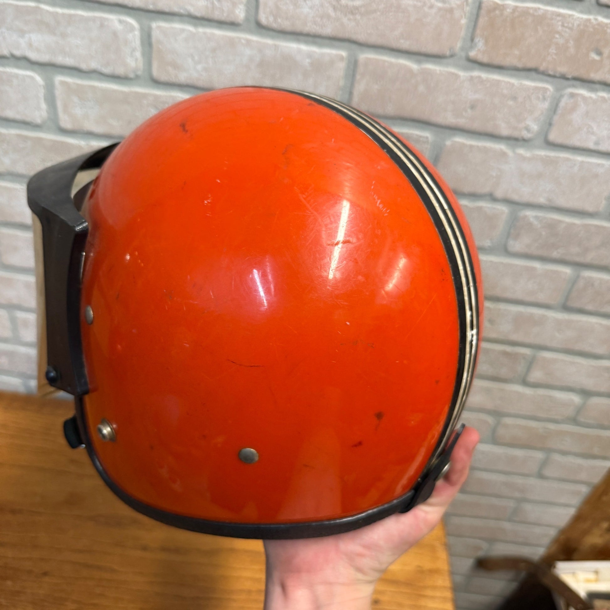 Vintage Coleman 1960's Orange Black Stripe Snowmobile Motorcycle Helmet LSI-4150