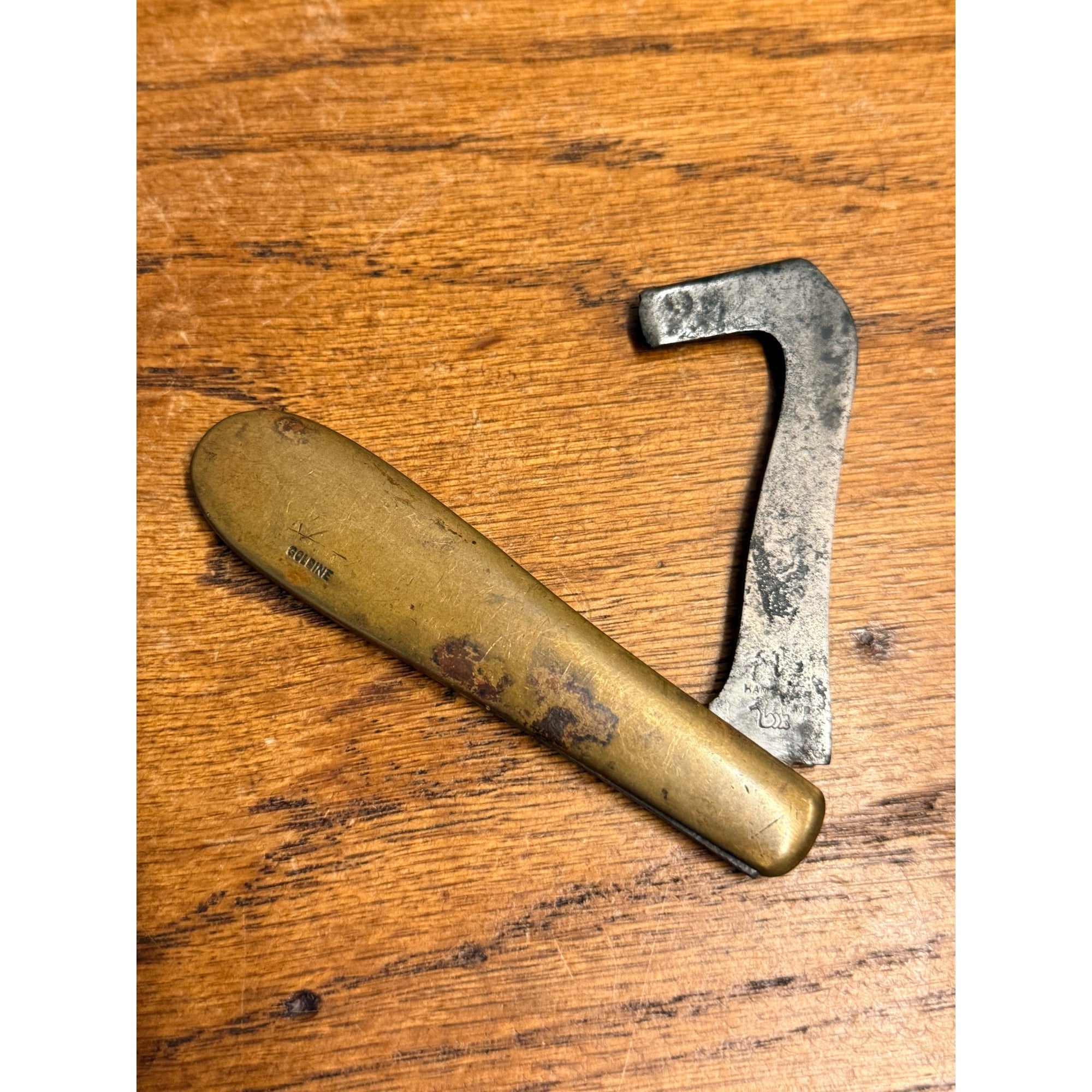 Vintage Hammer Brand Timber Scribe Race Knife Brass Handle Goldine Logging Tool