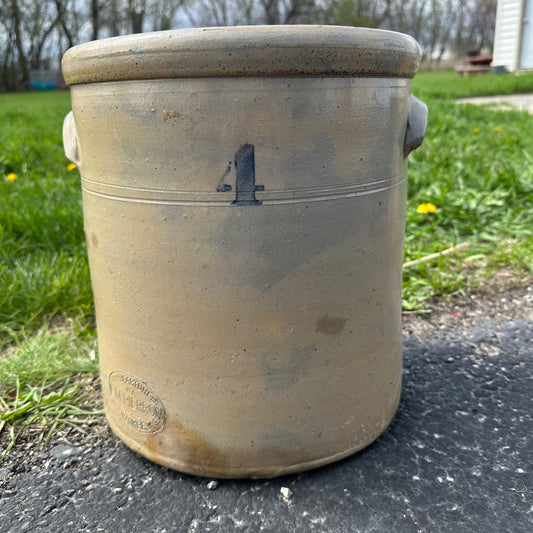 Antique 4 Gallon L.M. Pierron Milwaukee Wisconsin Stoneware Crock Salt Glaze