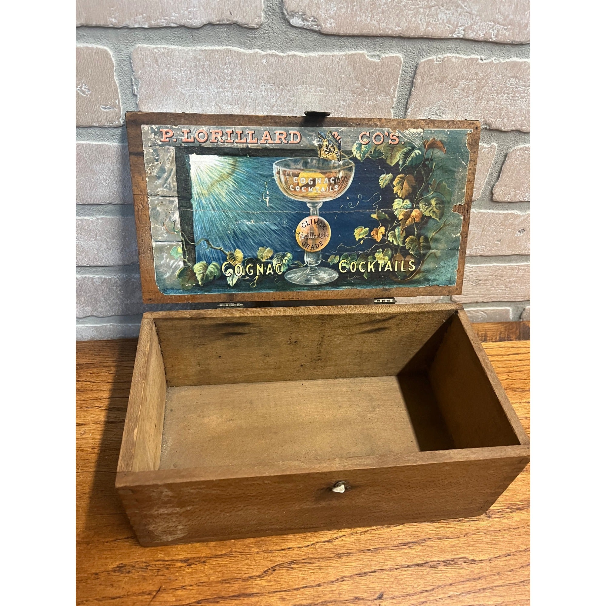 RARE Vintage 1900s Lorillard & Co. Cognac Cocktails Cigar Advertising Wood Box
