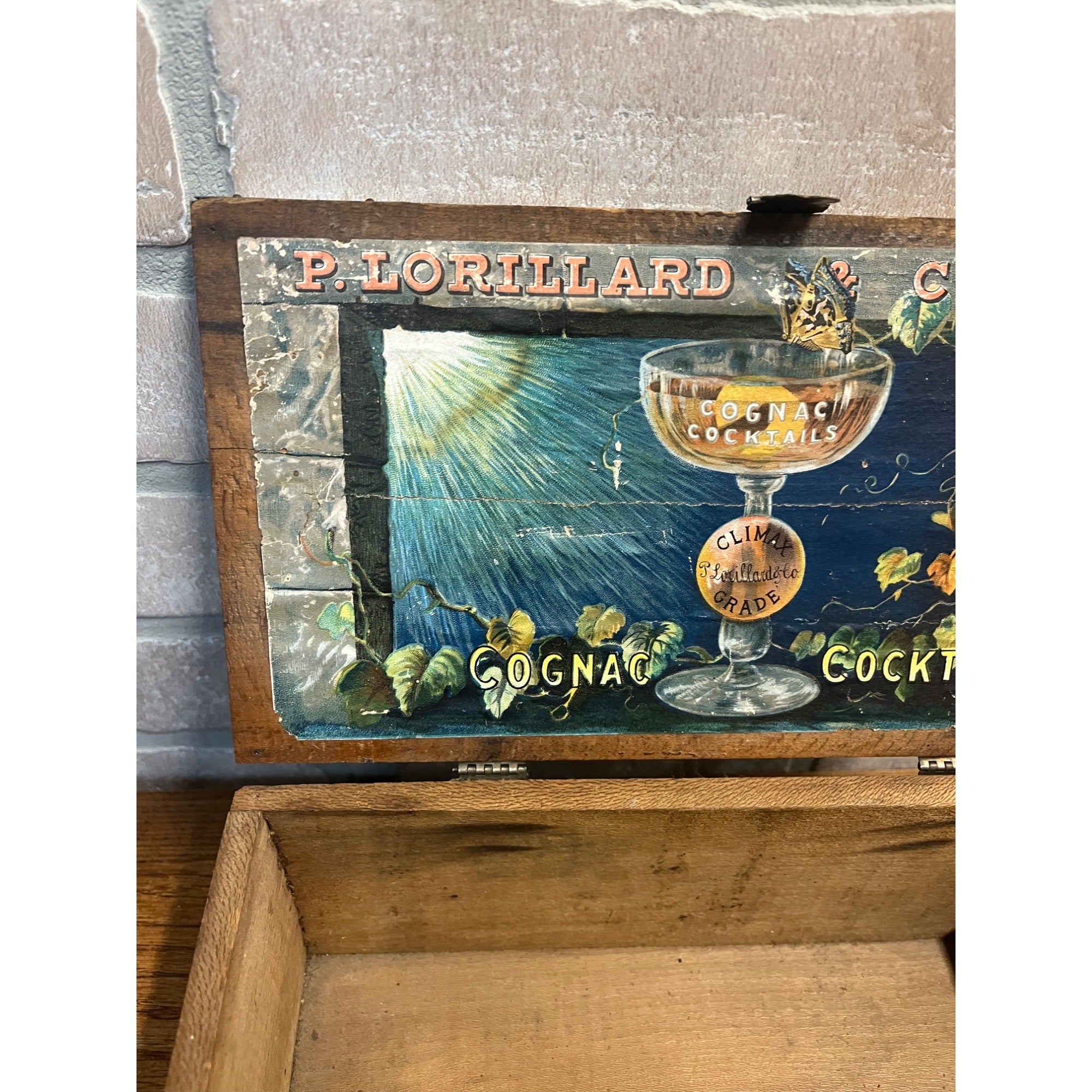 RARE Vintage 1900s Lorillard & Co. Cognac Cocktails Cigar Advertising Wood Box