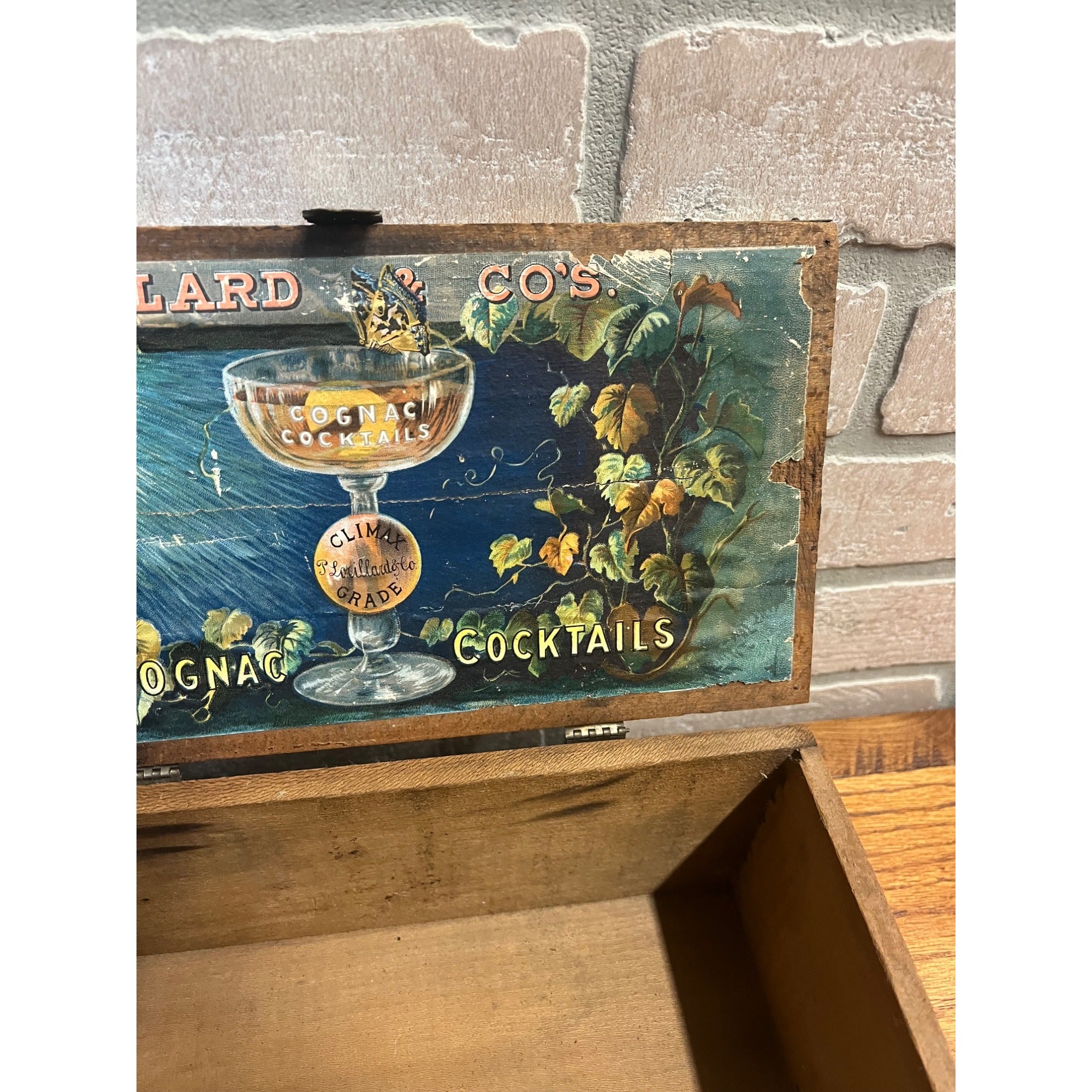 RARE Vintage 1900s Lorillard & Co. Cognac Cocktails Cigar Advertising Wood Box