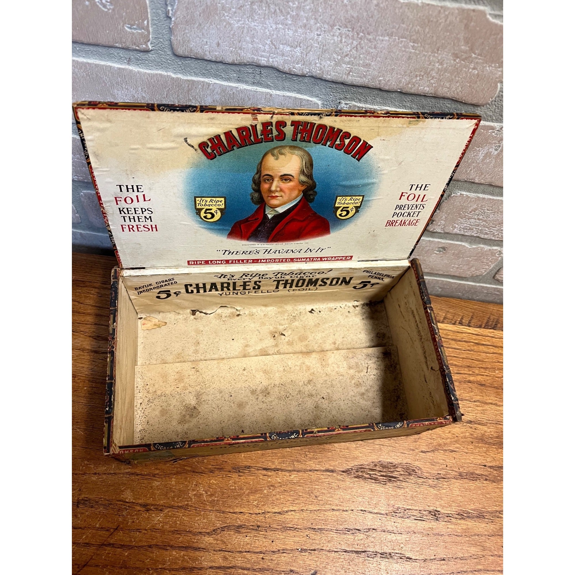 Vintage 1910s Charles Thomson Wooden Cigar Box Pennsylvania PA  Advertising